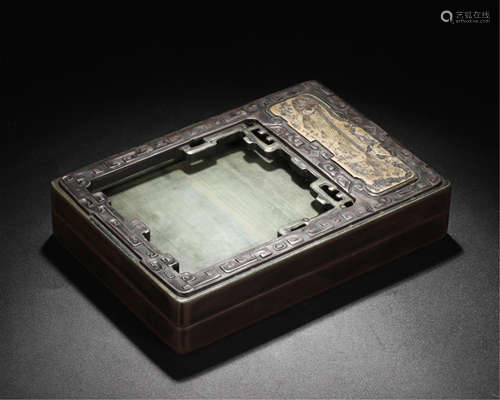 CHINESE SONGHUA STONE INKSTONE WITH LID AND BASE