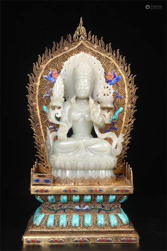 CHINESE CELADON JADE SEATED GUANYIN IN GEM STONE INLAID GILT SILVER NICHE