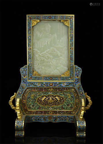 CHINESE WHTIE JADE PLAQUE CLOISONNE TABLE SCREEN