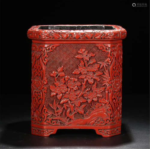 CHINESE CINNABAR FLOWER SQUARE BRUSH POT