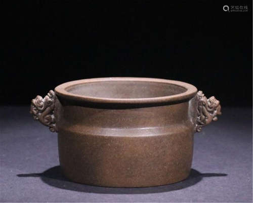 CHINESE BRONZE DRAGON HANDLE ROUND CENSER