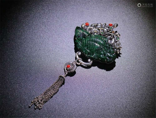 CHINESE SILVER JADEITE FISH DRAGON HAIR PIN