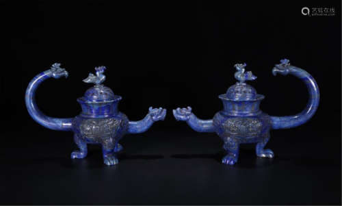 PAIR OF CHINESE LAPIS DRAGON TRIPLE FEET TEA POTS