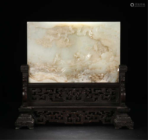 CHINESE WHITE JADE PLAQUE ROSEWOOD ZITAN TABLE SCREEN