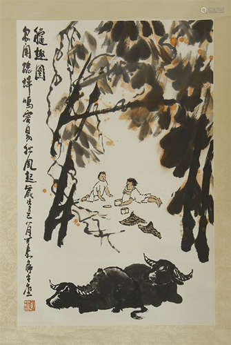 CHINESE SCROLL PAINTING OF BOY AND OX UNDER TREE