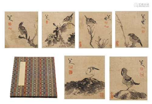 SIX PAGES OF CHINESE ALBUM PAINTING OF BIRD ON ROCK