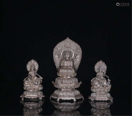 THREE CHINESE SILVER SEATED BUDDHA ON BASE