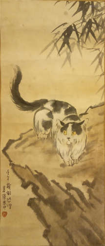 CHINESE SCROLL PAINTING OF CAT ON ROCK