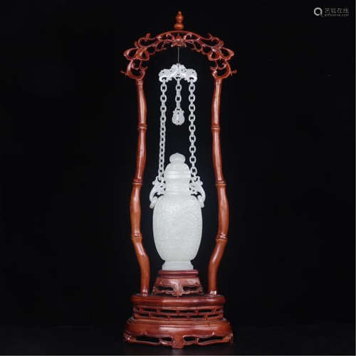 CHINESE WHITE JADE LOOPED HANDLE LIDDED VASE IN FRAME