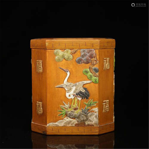 CHINESE GEM STONE INLAID BAMBO BRUSH POT