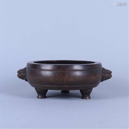 CHINESE BRONZE LION HEAD HANDLE ROUND CENSER