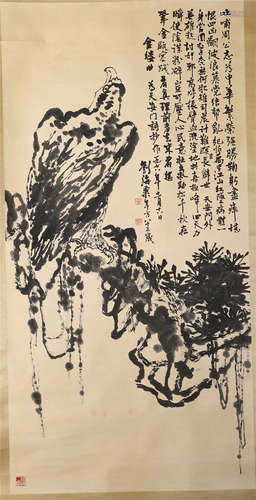 CHINESE SCROLL PAINTING OF EAGLE IN PINE WITH CALLIGRAPHY