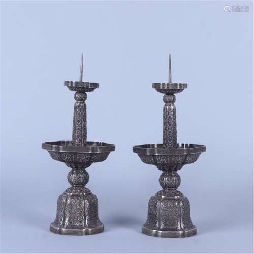 PAIR OF CHINESE SILVER CANDLE HOLDERS