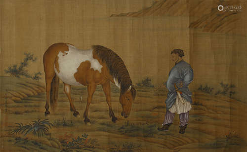 CHINESE SCROLL PAINTING OF HORSE AND MAN