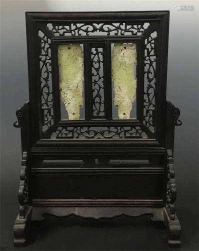 CHINESE JADE PLAQUE INLAID ROSEWOOD TABLE SCREEN