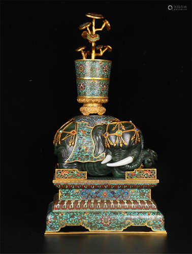 CHINESE SPINACH JADE ELEPHANT WITH CLOISONNE VASE AND BASE