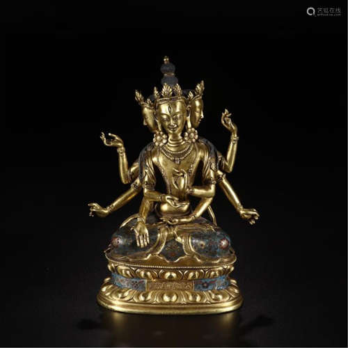 CHINESE GILT BRONZE SEATED SIX ARM GUANYIN