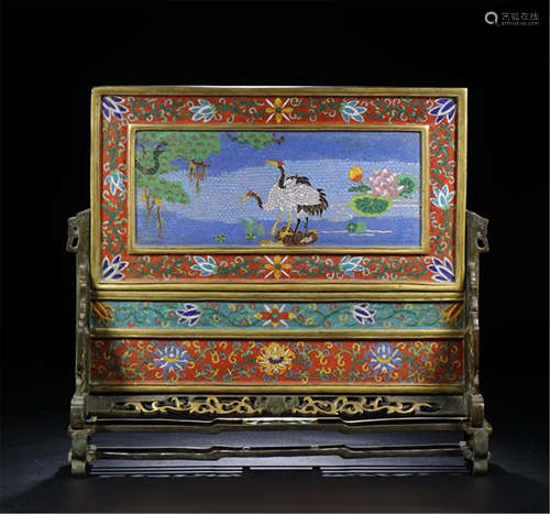 CHINESE CLOISONNE ENAMEL CRANE AND LOTUS TABLE SCREEN