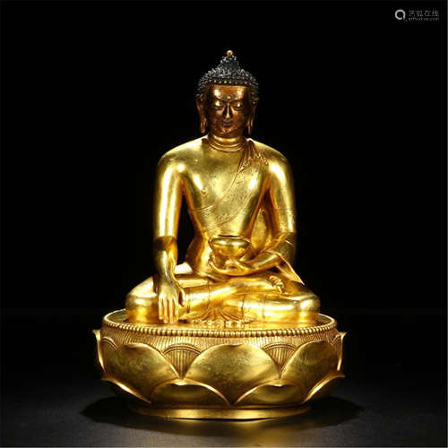 TIBETAN GILT BRONZE SATED BUDDHA WITH BOWL