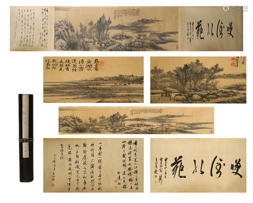 CHINESE HAND SCROLL PAINTING OF MOUNTAIN VIEWS WITH CALLIGRAPHY