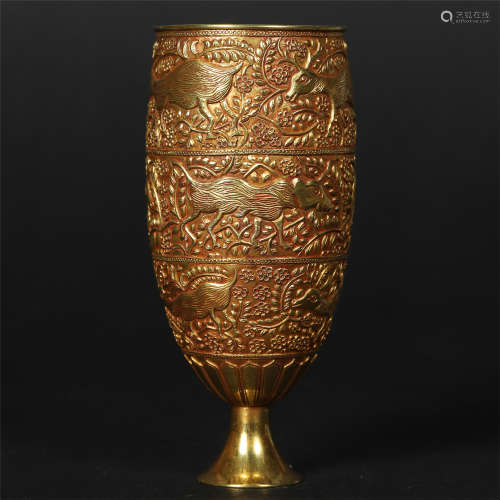 CHINESE GILT BRONZE DEER STEM CUP