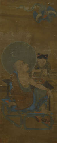 CHINESE SCROLL PAINTING OF SEATED LOHAN WITH BOY