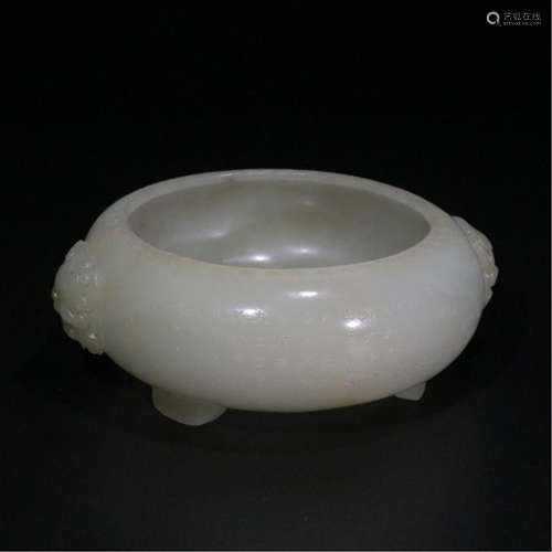 CHINNESE JADE LION HEAD HANDLE TRIPLE FEET ROUND CENSER