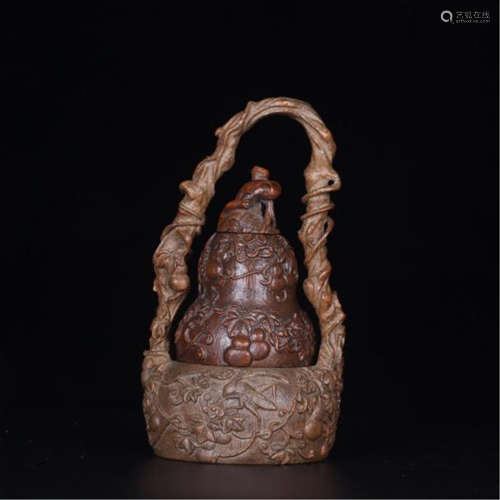 CHINESE BAMBOO DOUBLE GOURD BOTTLE IN HARDWOOD BASKET