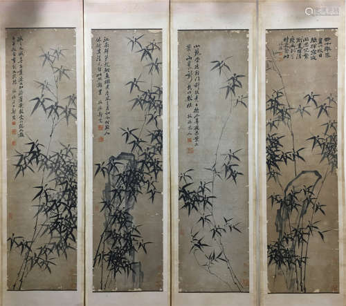 FOUR PANELS OF CHINESE SCROLL PAINTING OF BAMBOO