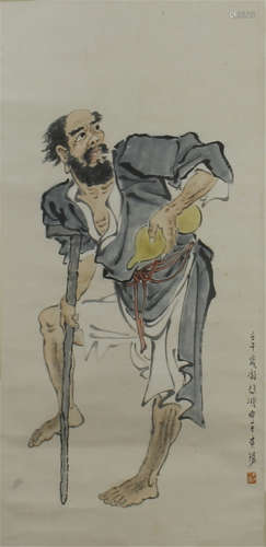 CHINESE SCROLL PAINTING OF MAN WITH CANE WITH CERTIFICATE