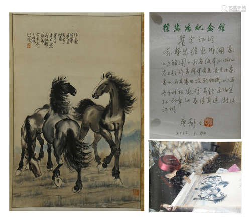 CHINESE SCROLL PAINTING OF HORSE WITH ARTIST'S WIFE'S CERTIFICATE