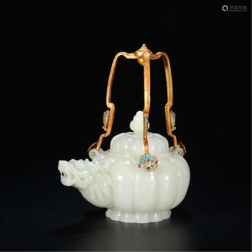 CHINESE WHITE JADE GILT BRONZE HANDLE DRAGON TEA POT