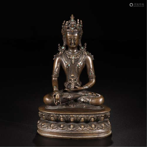 TIBETAN TURQUOISE INLAID BRONZE SEATED TARA