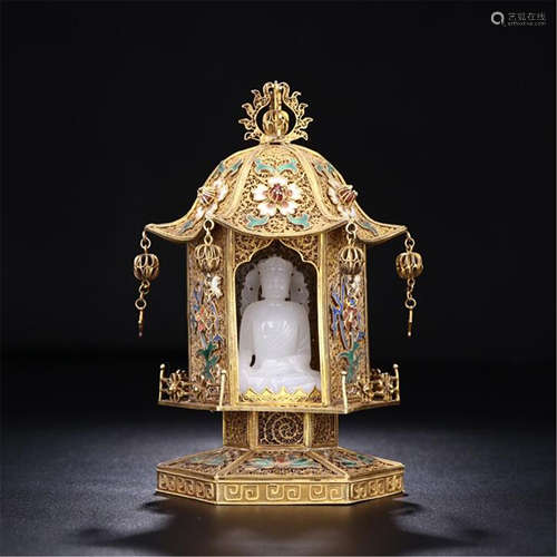 CHINESE WHITE JADE SEATED BUDDHA IN GILT SILVER GEM STONE INLAID NICHE