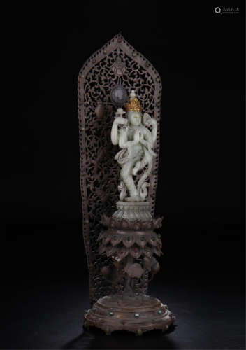 CHINESE JADE STANDING GUANYIN ON BRONZE BASE AND NICHE