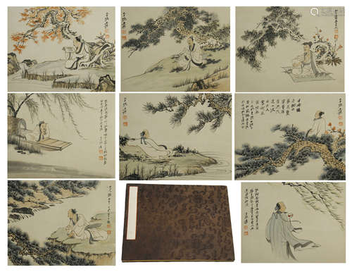 EIGHT PAGES OF CHINESE ALBUM PAINTING OF MEN UNDER TREE