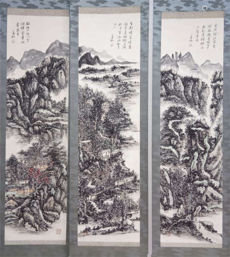 THREE PANELS OF CHINESE SCROLL PAINTING OF MOUNTAIN VIEWS