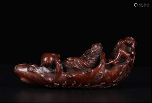 CHINESE BAMBOO CARVED MEN IN BOAT TABLE ITEM