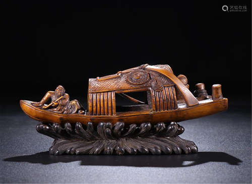 CHINESE BAMBOO CARVED MEN IN BOAT TABLE ITEM