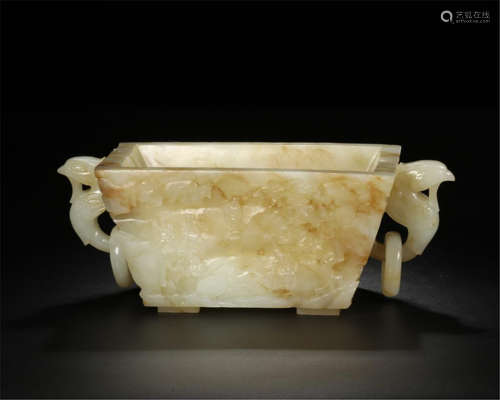 CHINESE NEPHRITE JADE PHOENIX HANDLE SQUARE CUP