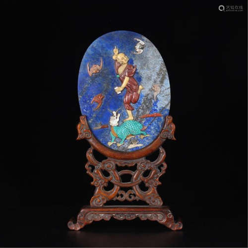 CHINESE GEM STONE LAPIS OVAL PLAQUE ROSEWOOD TABLE SCREEN