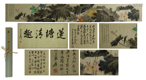 CHINESE HAND SCROLL PAINTING OF LOTUS WITH CALLIGRAPHY