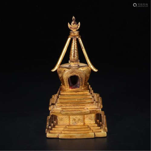 CHINESE GILT BRONZE BUDDHIST TOWER NICHE