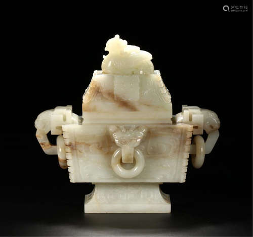 CHINESE NEPHRITE JADE ELEPHANT LOOPED HANDLE LIDDED SQUARE CENSER