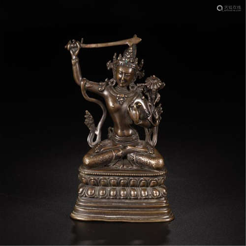 CHINESE BRONZE SEATED GUANYIN WITH SWORD