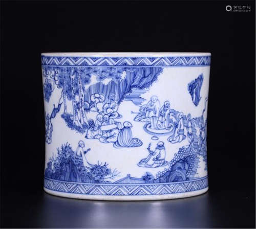 CHINESE PORCELAIN BLUE AND WHITE LOHAN BRUSH POT