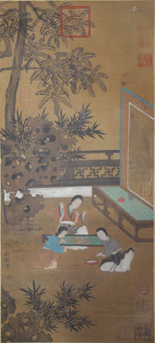 CHINESE SCROLL PAINTING OF BEAUTY IN GARDEN