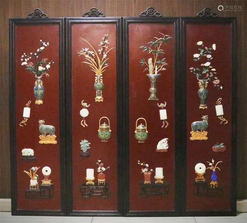 FOUR PANELS OF CHINESE GEM STONE INLAID RED LACQUER WALL HANGED SCREENS