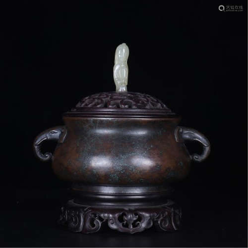 CHINESE BRONZE ELEPHANT TRUNK HANDLE ROUND CENSER WITH ROSEWOOD LIDDER AND BASE