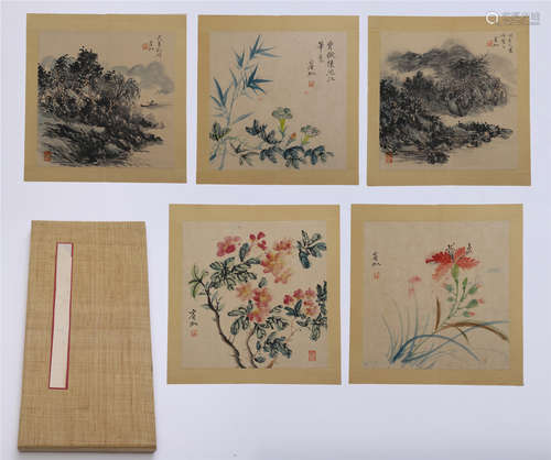 FIVE PAGES OF CHINESE ALBUM PAINTING OF MOUNTAIN VIEWS AND FLOWER